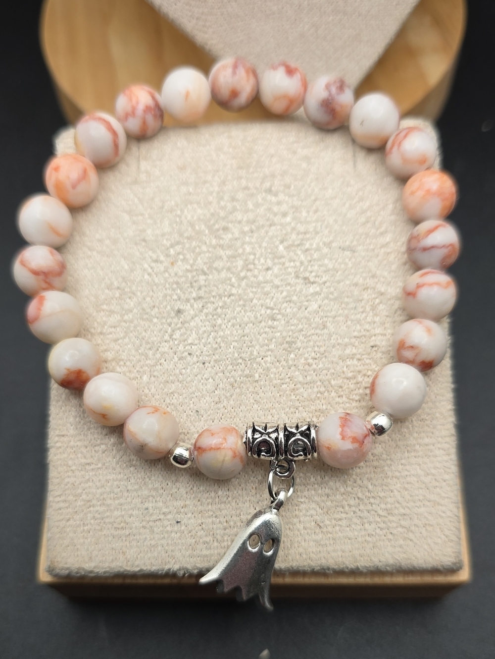 Beaded White & Orange Stretch Bracelet with Ghost Charm (1843)